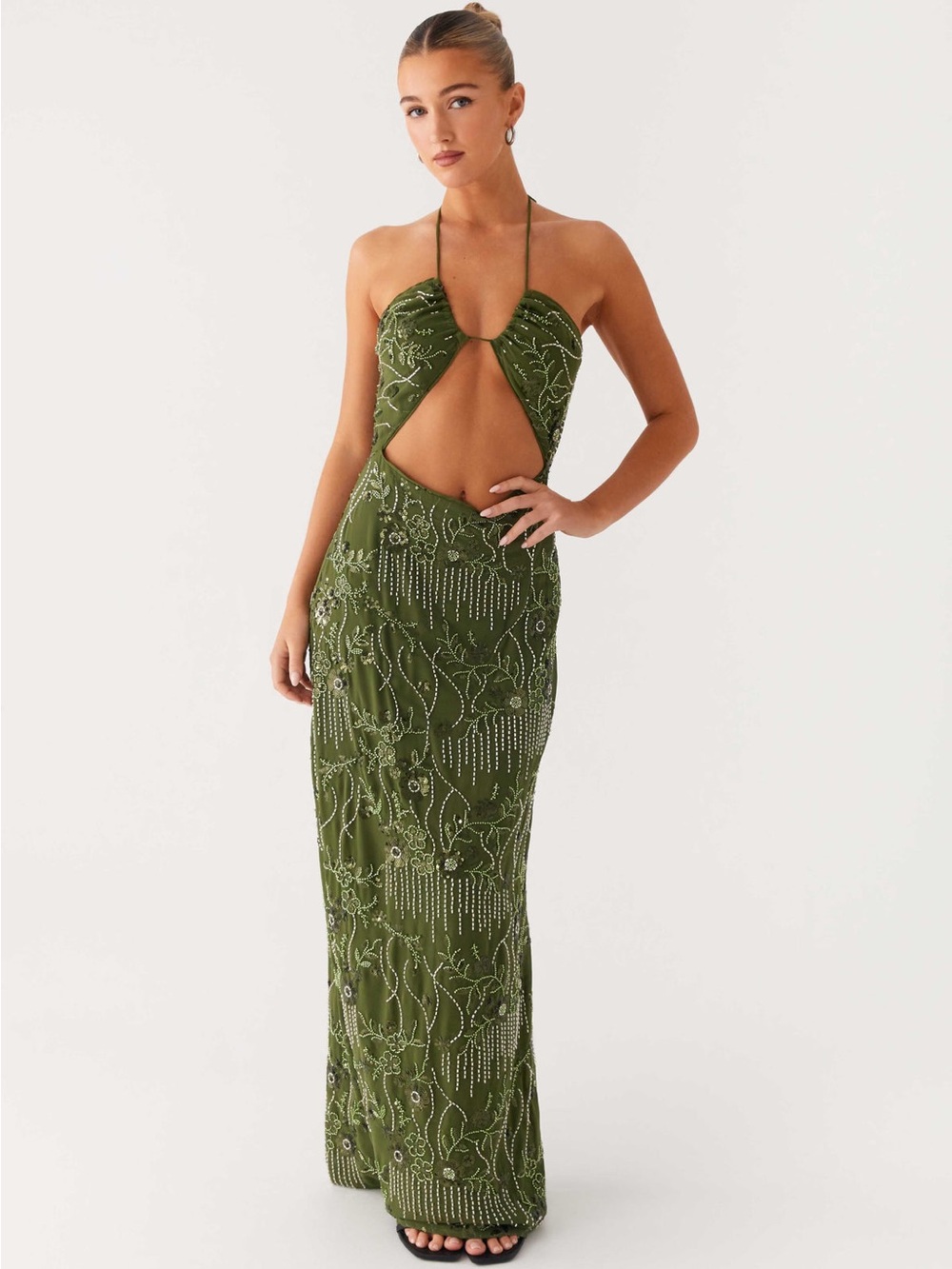 Peppermayo Olive Green Beaded Halter Cutout Maxi Dress